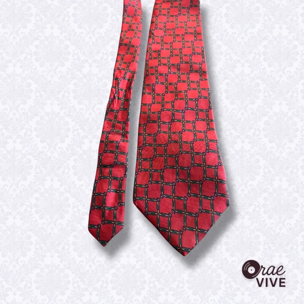 Christian Dior Monsieur Red Silk Tie Geometric Chain Print Made in USA